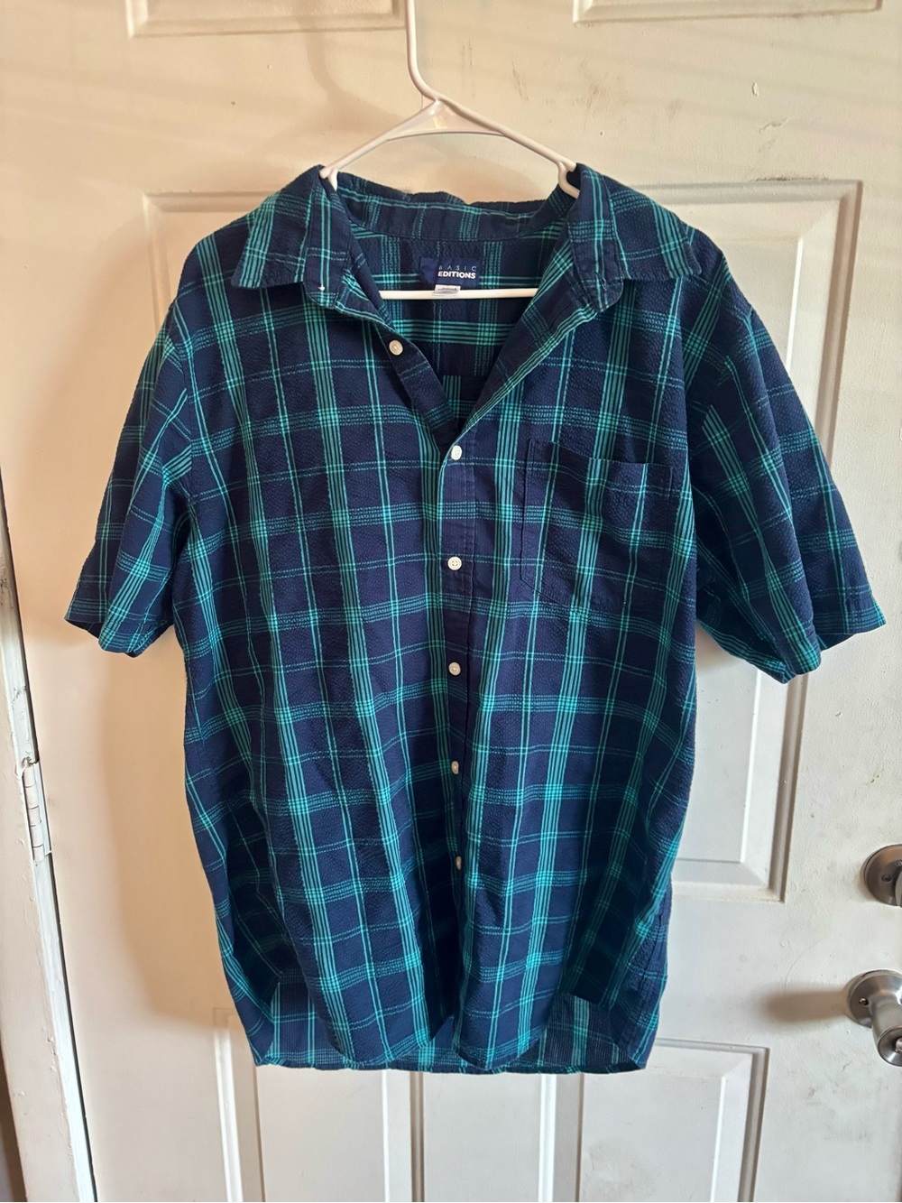 Basic Editions Navy and Teal Plaid Short-Sleeve Button-Down Shirt
